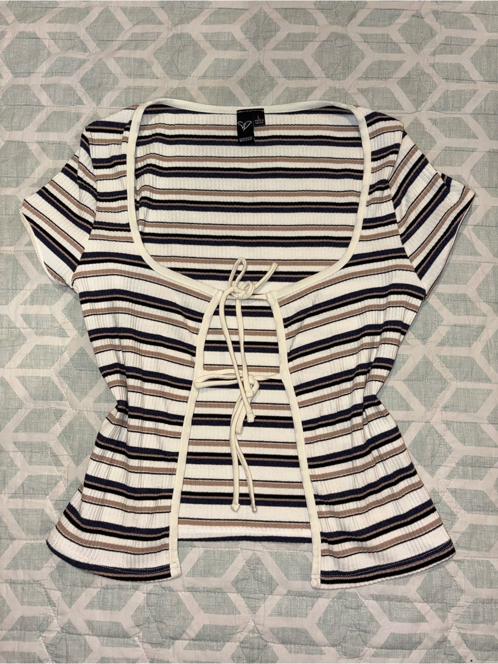 Windsor Striped Tie-Front Scoop Neck Top - Navy, Cream & Tan
